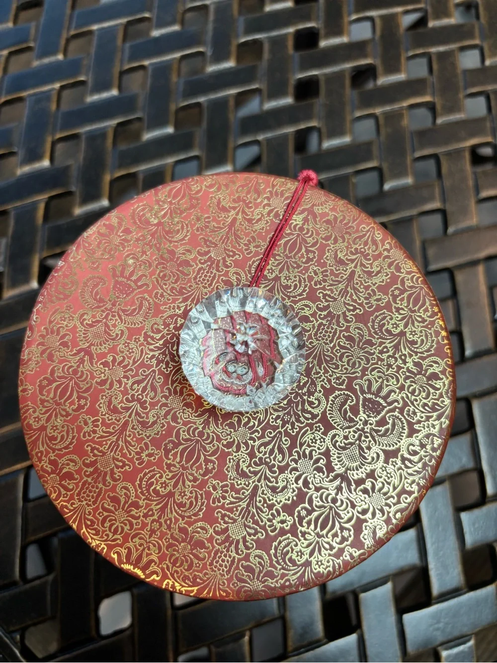 Holiday Decorative Tin with Crystal Knob and Red Tassel